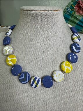 Blue, Yellow & White Round Pottery Clay SMARTIE Necklace